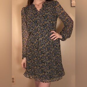 Skies Are Blue Navy Floral Long-Sleeve Chiffon Dress with Mustard Accents